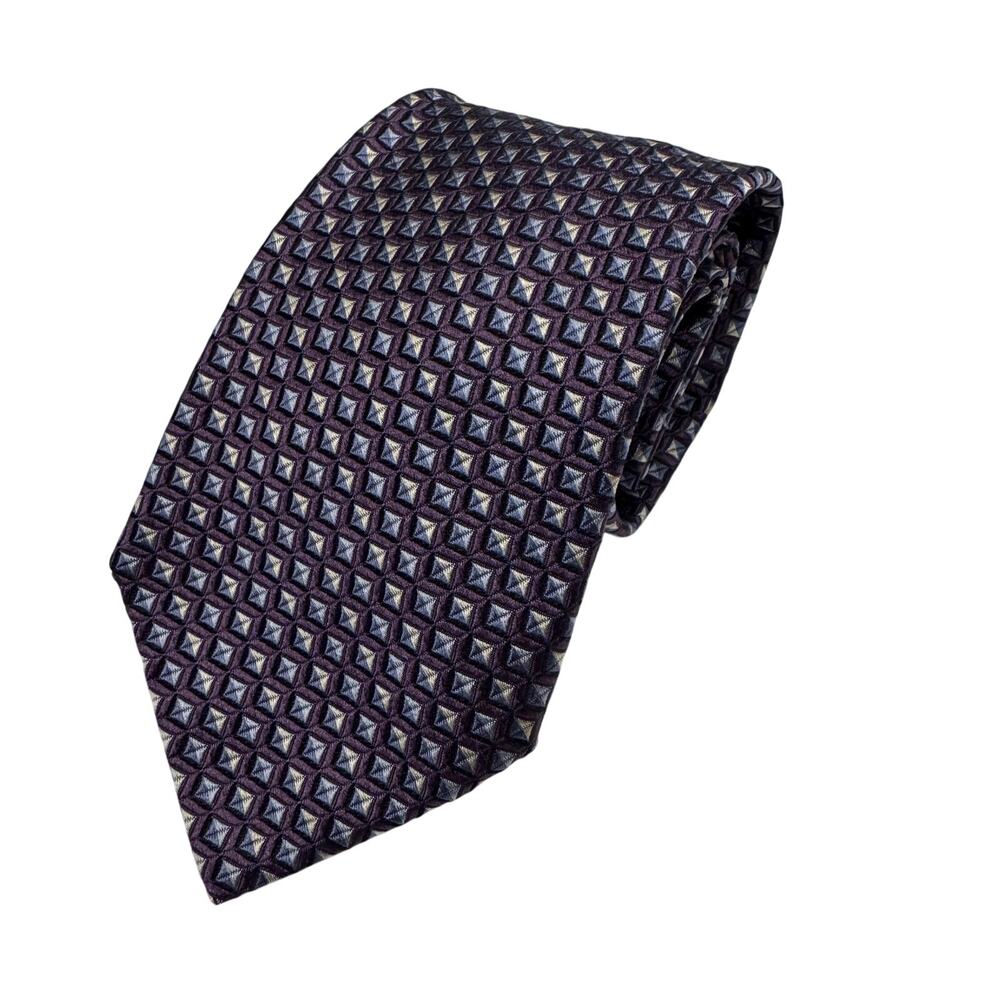 Faconnable Men's Silk Tie Necktie Purple‎ Blue White Geometric Classic Designer